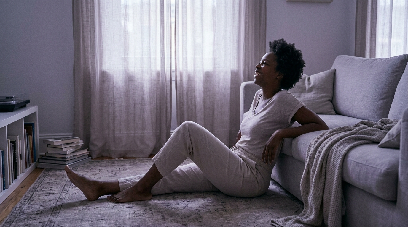 A woman sitting on the floor against her couch, laughing, relaxed in a bright living room