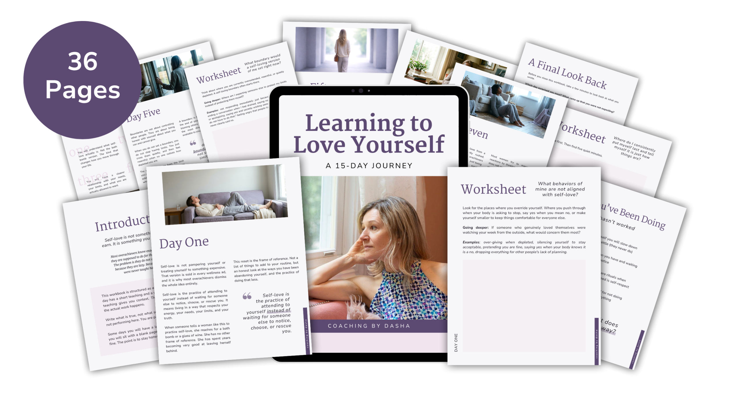 Learning to Love Yourself: A 15-Day Journey workbook shown on a tablet surrounded by interior pages.