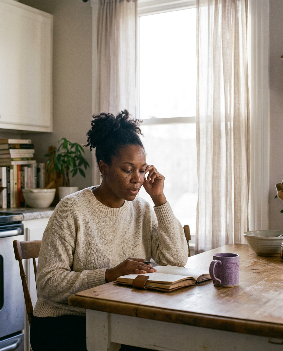 A woman sitting at a sunlit kitchen table with a journal and a mug, taking a quiet moment.