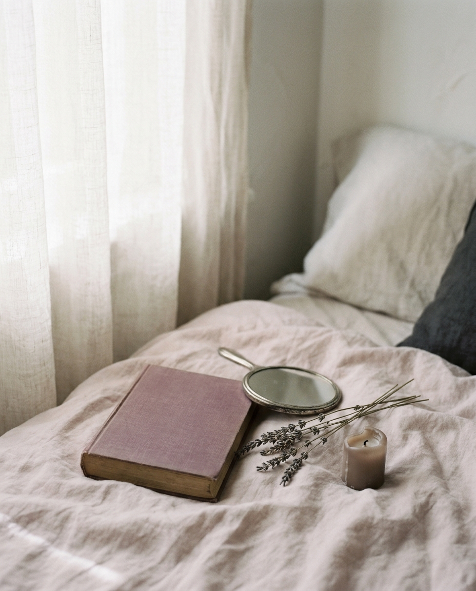 A plum cloth-bound book on linen with dried lavender in soft morning light