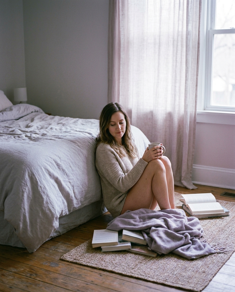 A woman sitting on the floor holding a mug in soft window light, contemplative