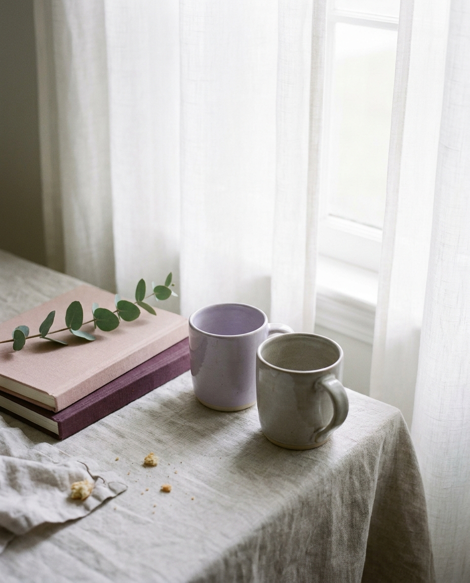 Two stoneware mugs and two cloth-bound books together on a linen table in window light