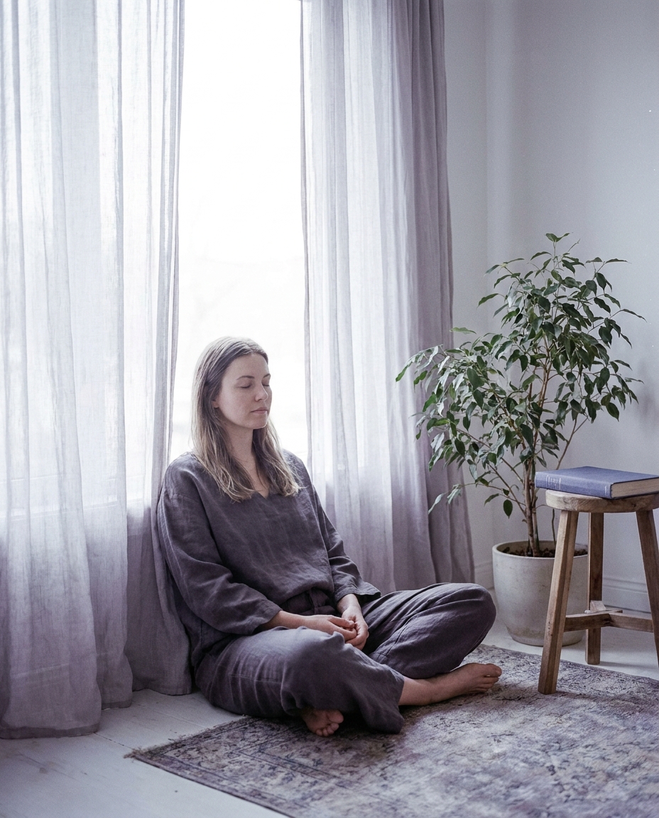 A woman sitting near a window in a moment of stillness, soft morning light