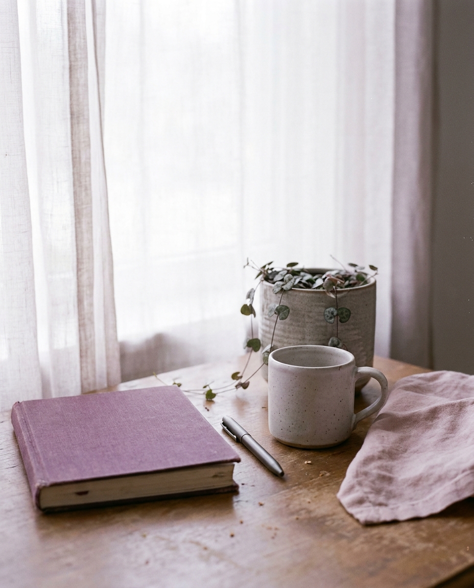 A calm desk corner with a plum notebook, a pen, a mug, and a small plant in window light