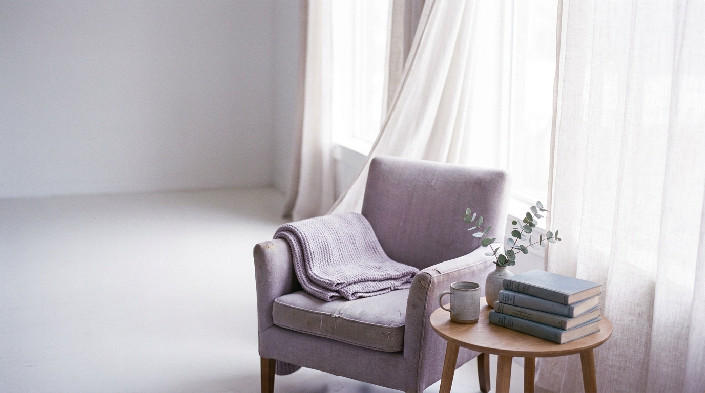 A serene empty reading corner with an armchair, a knit throw, and a stack of books in window light