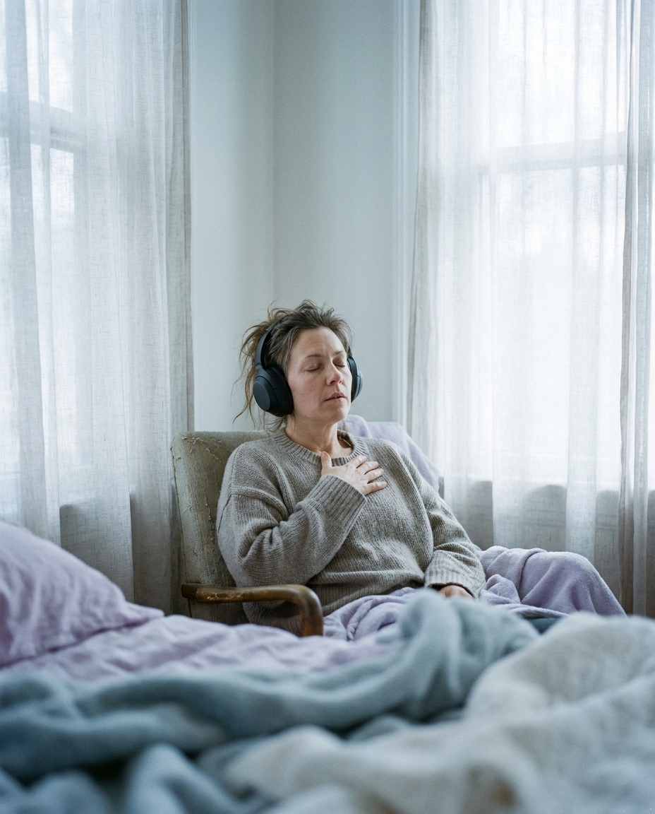 A woman with headphones in a calm reset moment, hand resting on her chest, window light