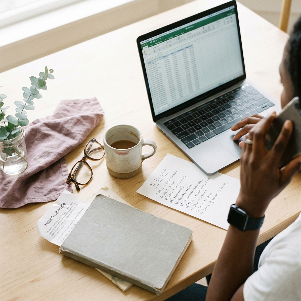 A kitchen table mid-task, one hand holding a phone, a to-do list and laptop nearby