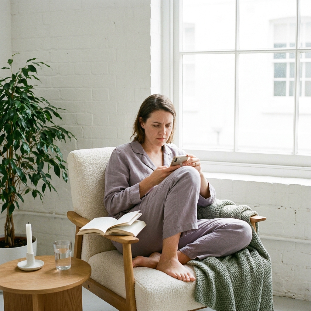 A woman in a reading chair by a bright window, glancing at her phone instead of her open book