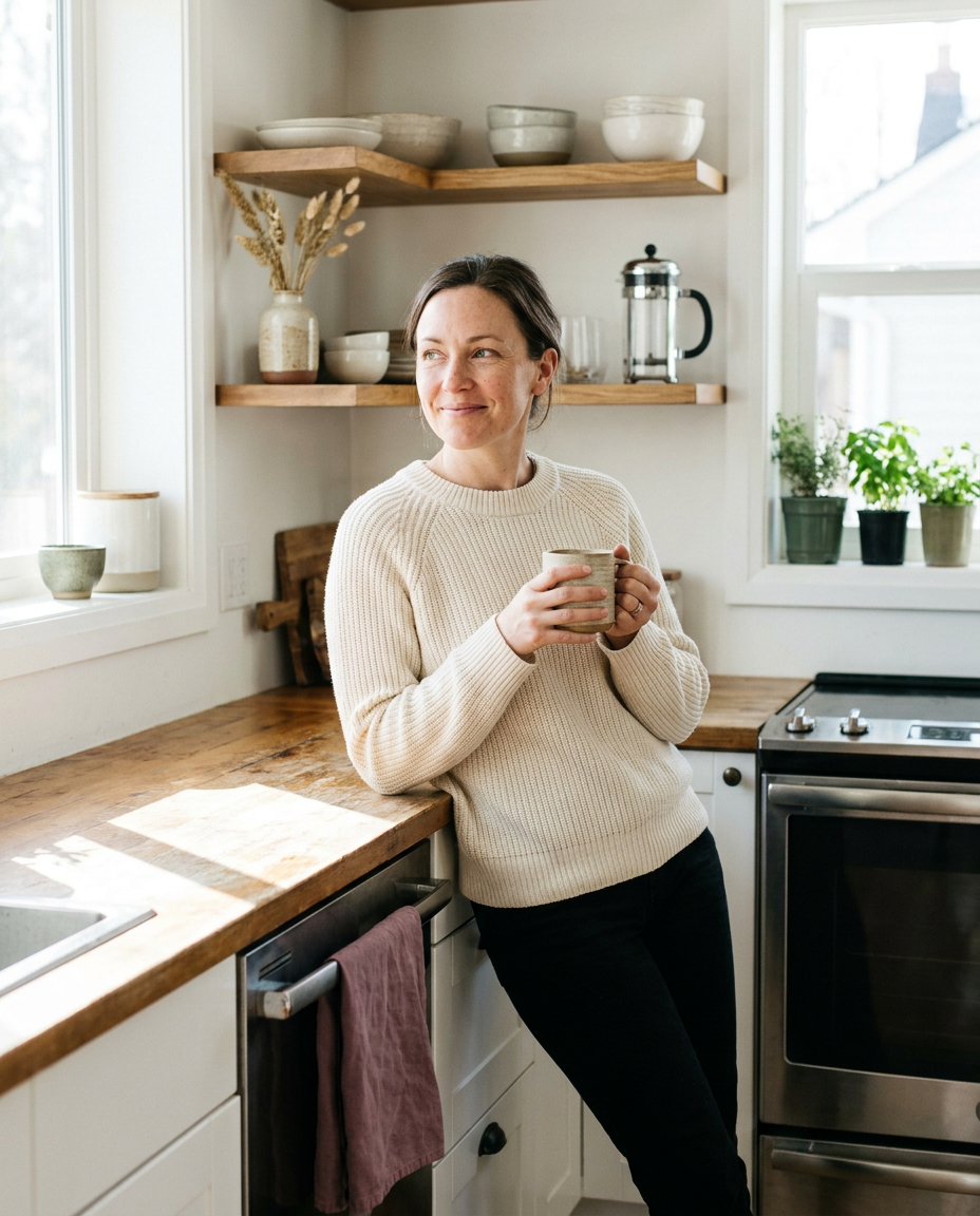 A woman stands relaxed at a sunlit kitchen counter, holding a mug with both hands