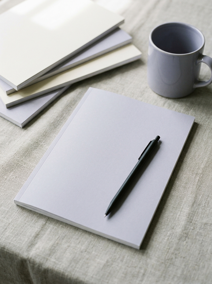 Stack of soft grey notebooks with a pen and a stoneware mug in morning light