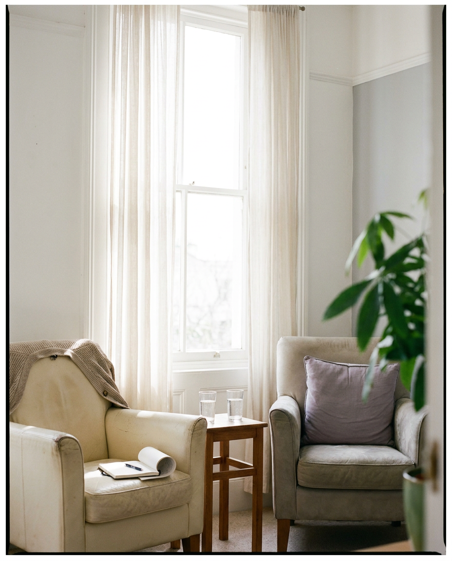 Two armchairs angled toward each other by a bright window with sheer curtains