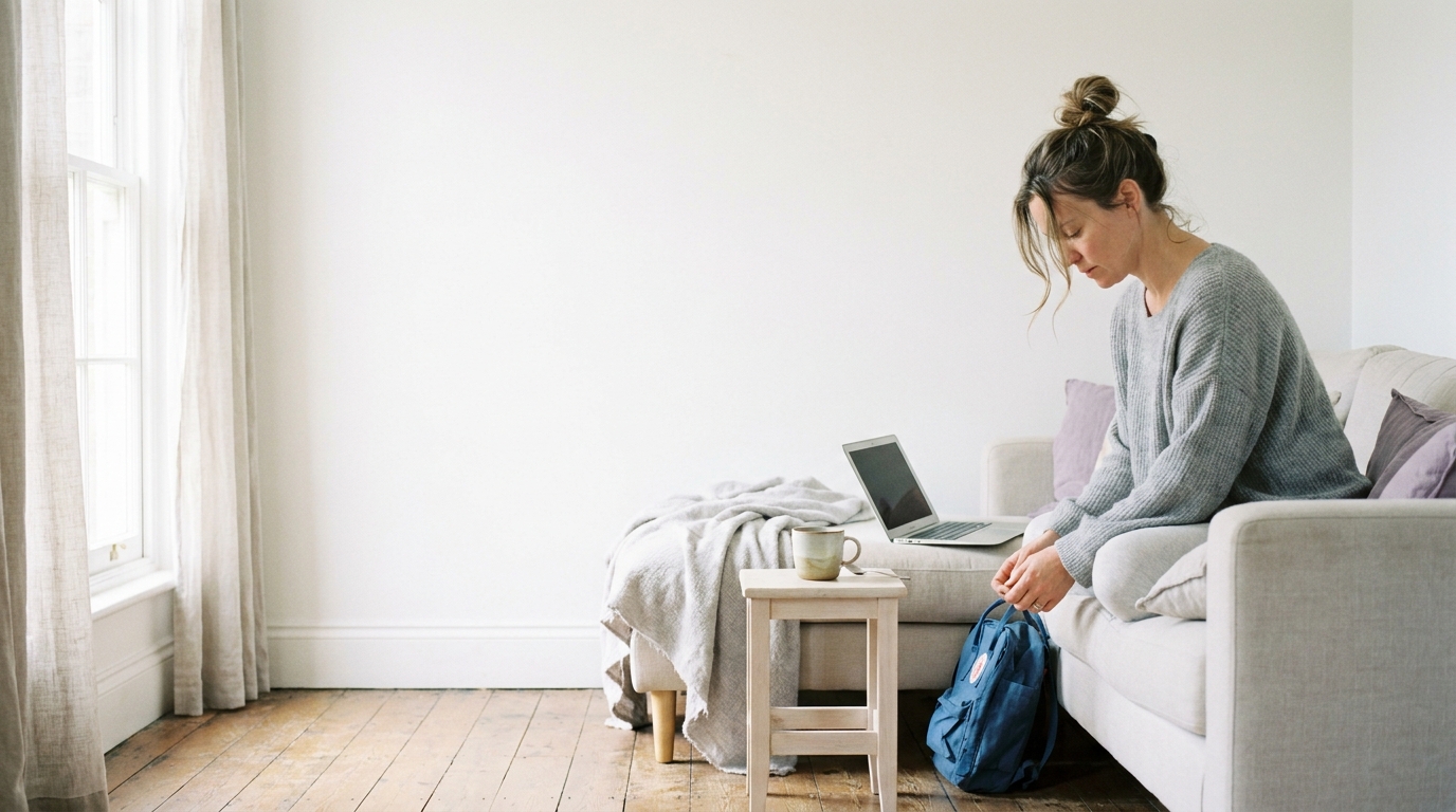 An overwhelmed woman sitting down for the first time all day in a bright living room