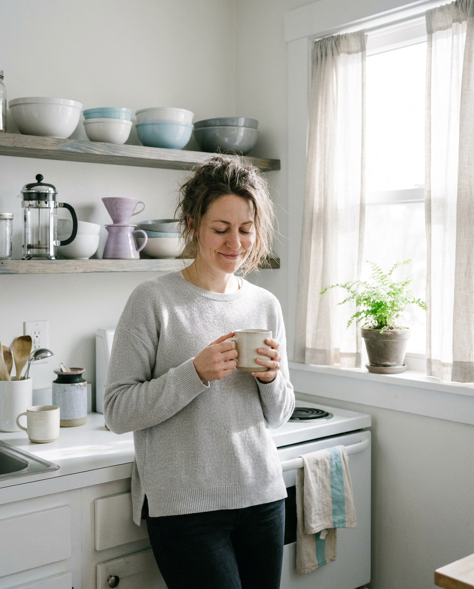 A woman laughing quietly to herself over morning coffee in a bright kitchen