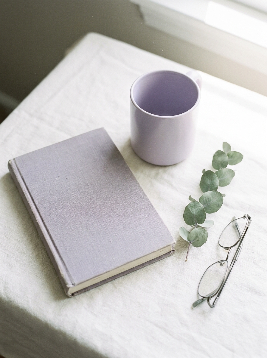 A still life of a notebook, a lavender mug, eucalyptus and reading glasses in bright daylight