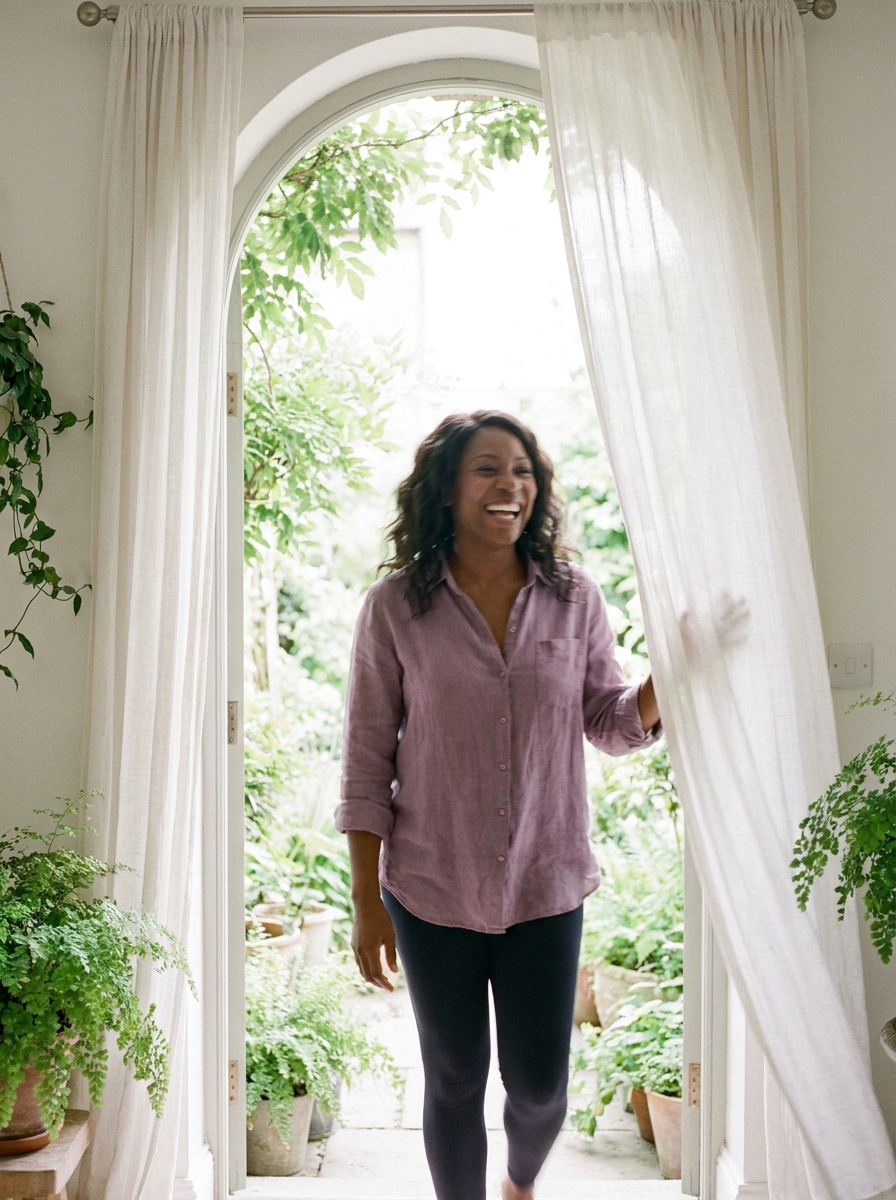 A woman stepping from a bright sunroom into a garden, mid-laugh