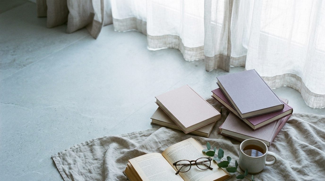 A quiet reading nook with a soft stack of books, a mug of tea, and eucalyptus in window light
