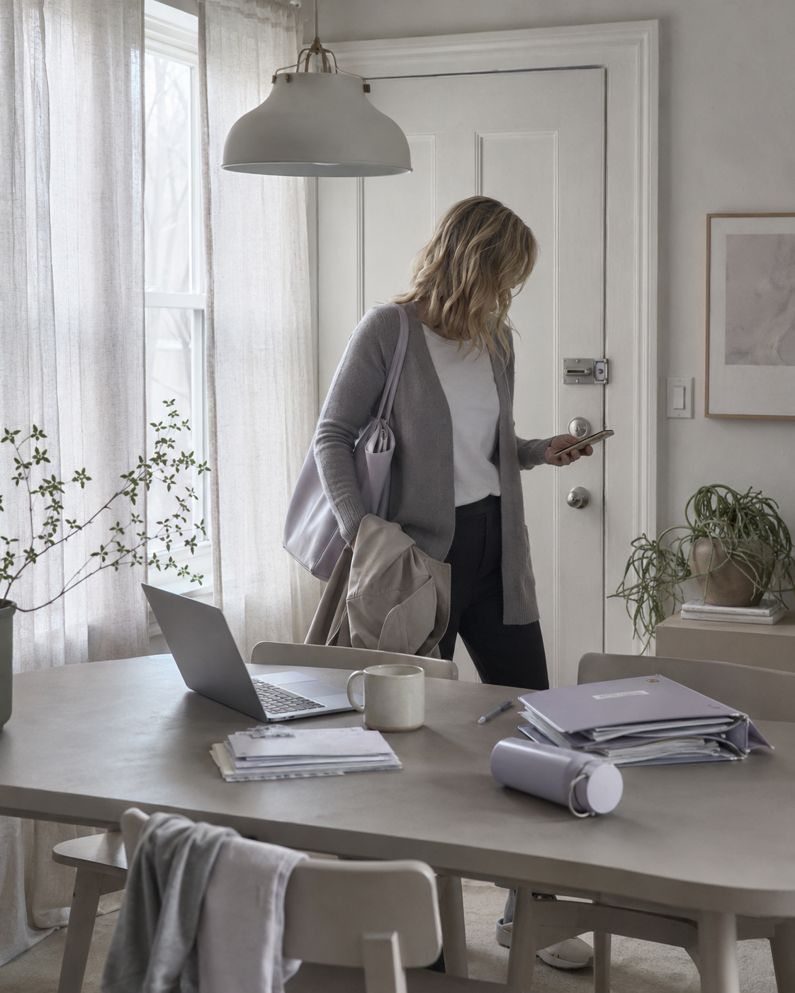 A woman still holding her coat pauses at a dining table covered with a laptop, a school folder, and unopened mail, reading something on her phone
