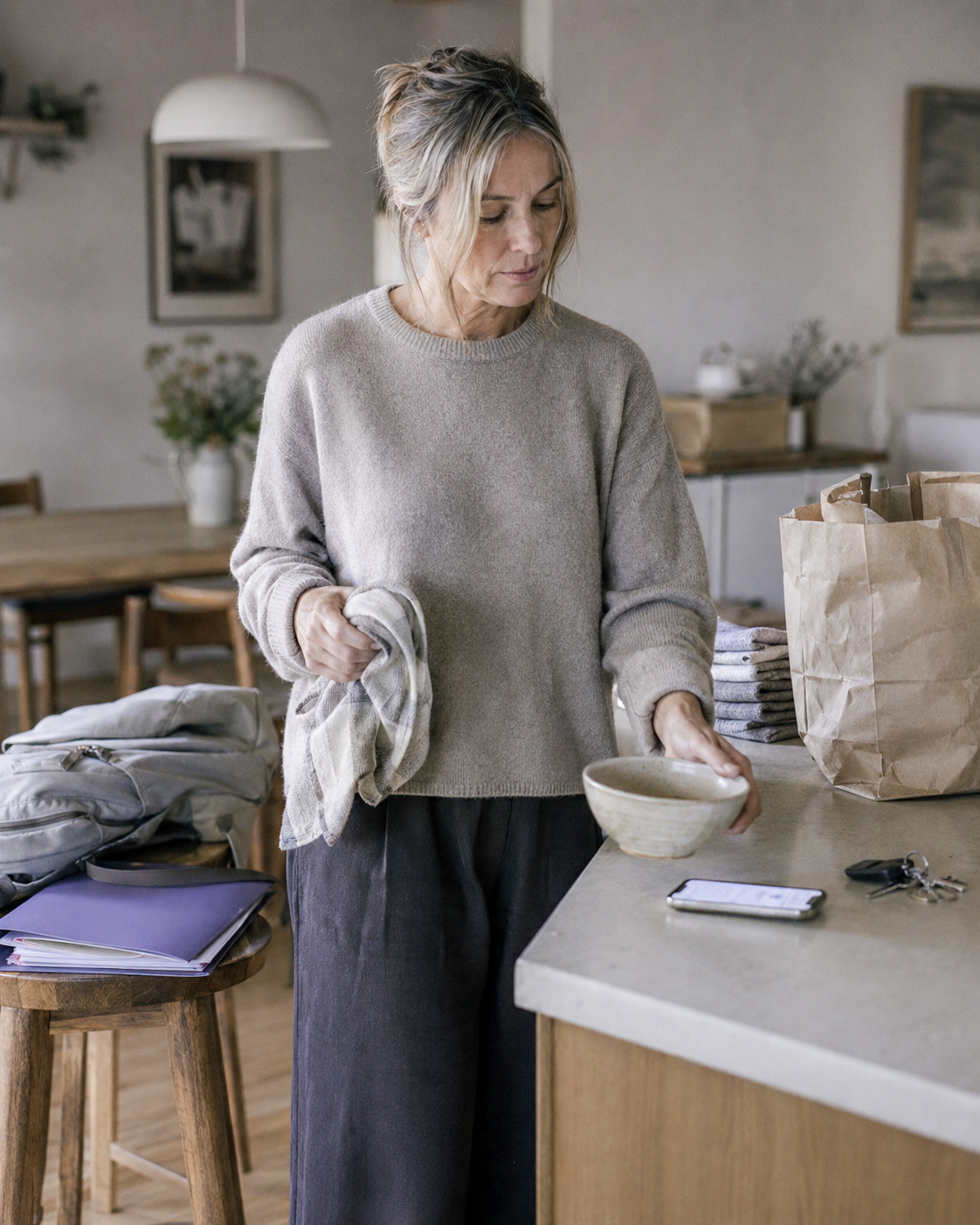 A woman at her kitchen counter in the middle of a task, setting down a bowl