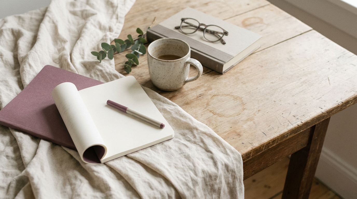 An open notebook, pen, and mug on a linen throw in soft daylight