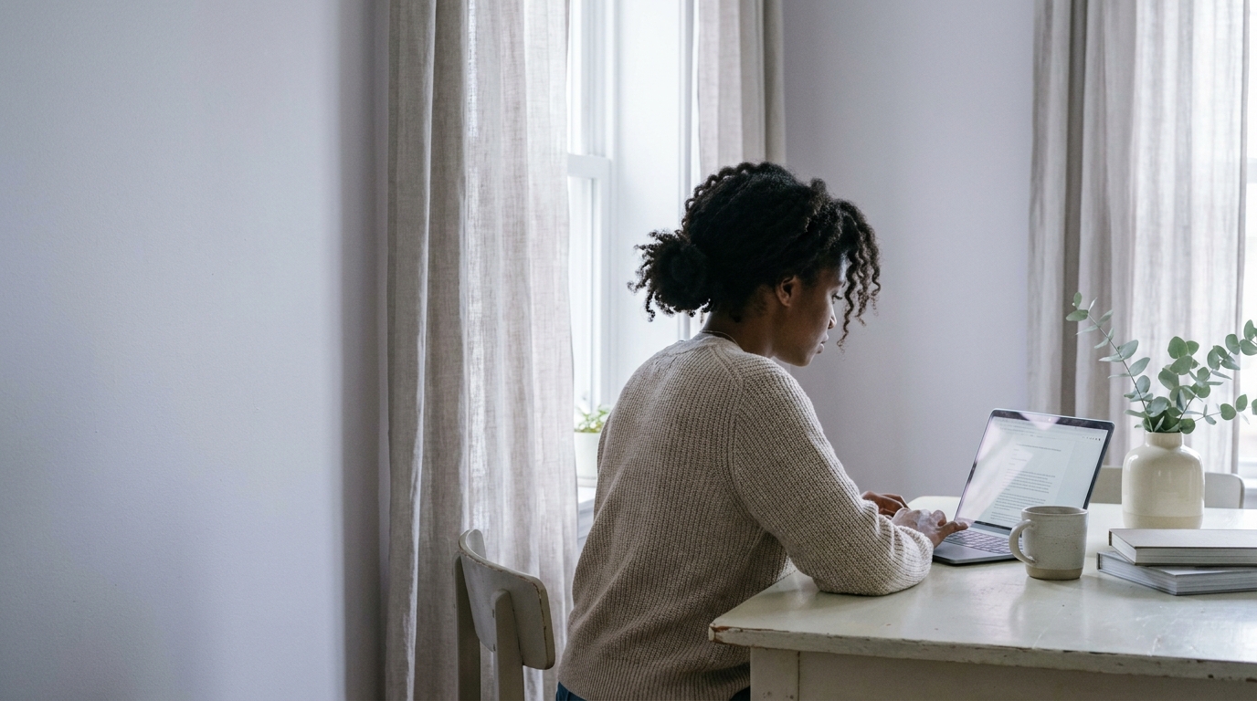 A woman sitting at a kitchen table with an open laptop and a stoneware mug, working in soft daylight