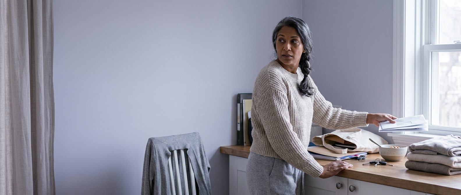 A woman pausing mid-task at a kitchen counter in bright daylight.