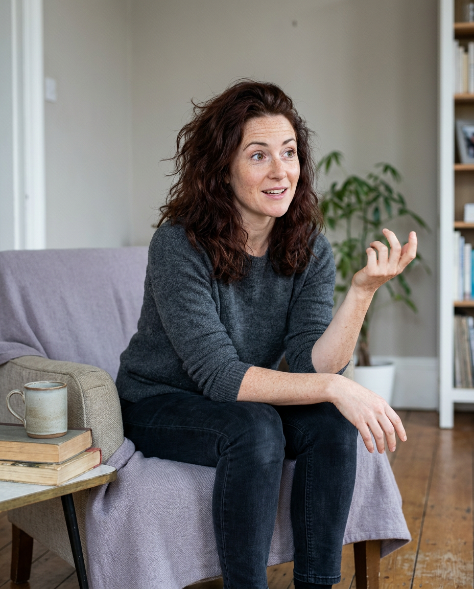 A woman leaning forward in an armchair, caught mid-sentence in conversation