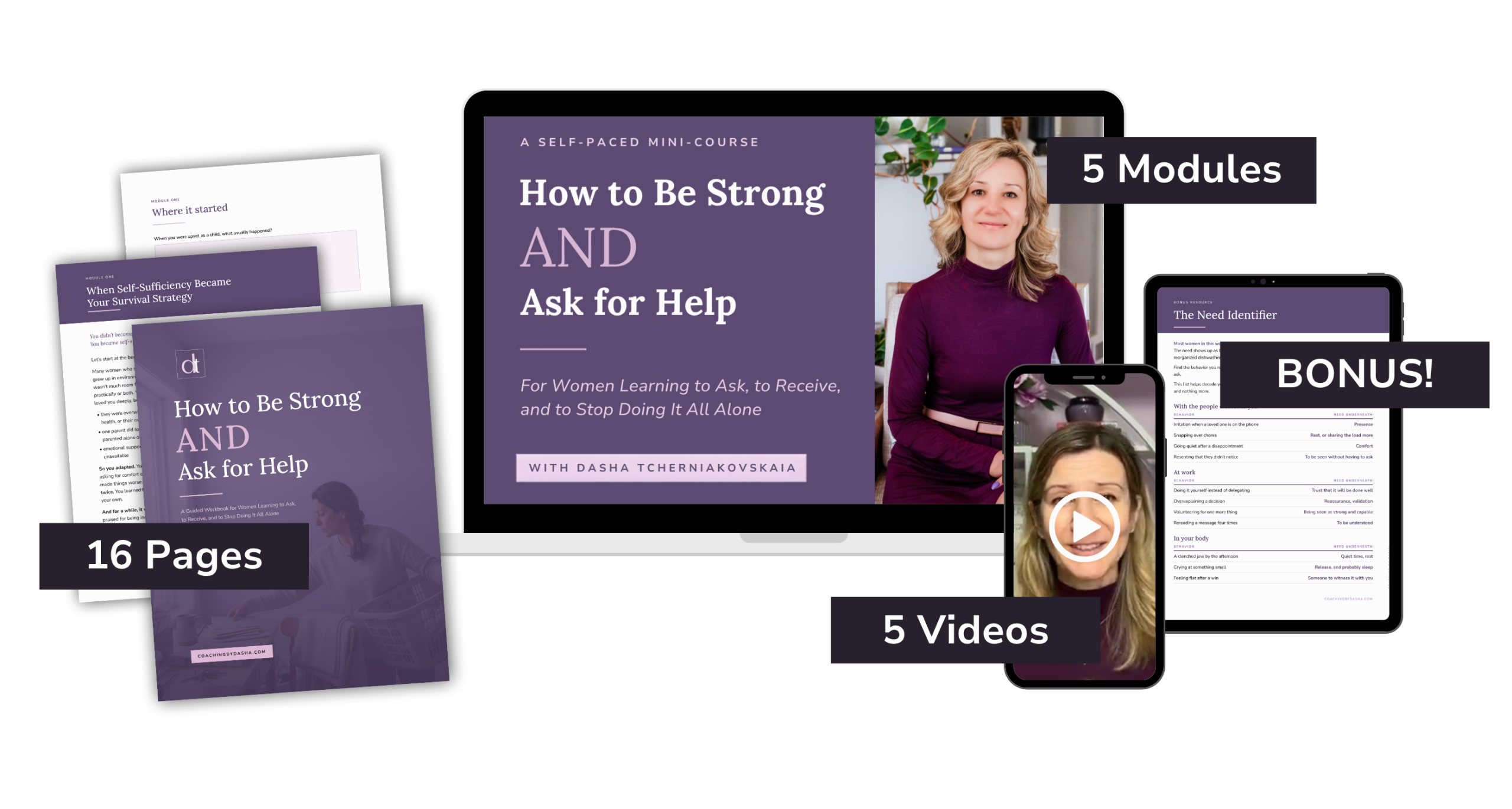 How to Be Strong AND Ask for Help shown on desktop, laptop and worksheet mockups.