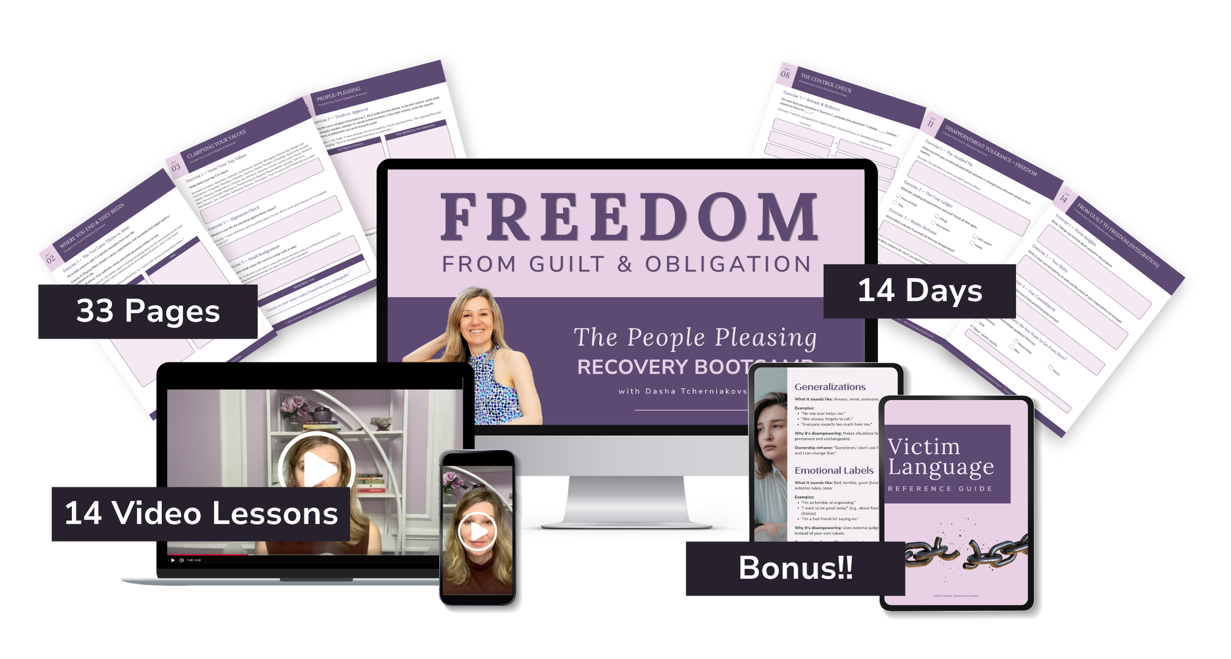 Freedom from Guilt & Obligation Bootcamp: The People Pleasing Recovery Bootcamp shown across desktop, tablet, phone and workbook pages.