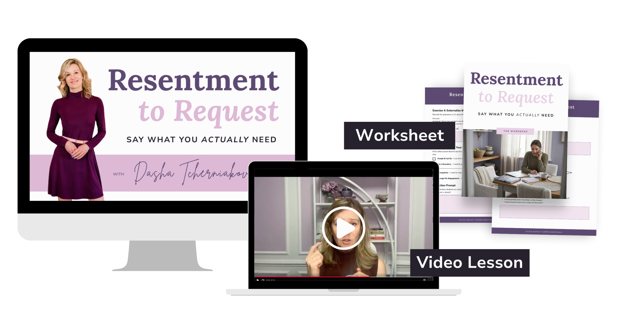 Resentment to Request: Say What You Actually Need shown on desktop, laptop and worksheet mockups.
