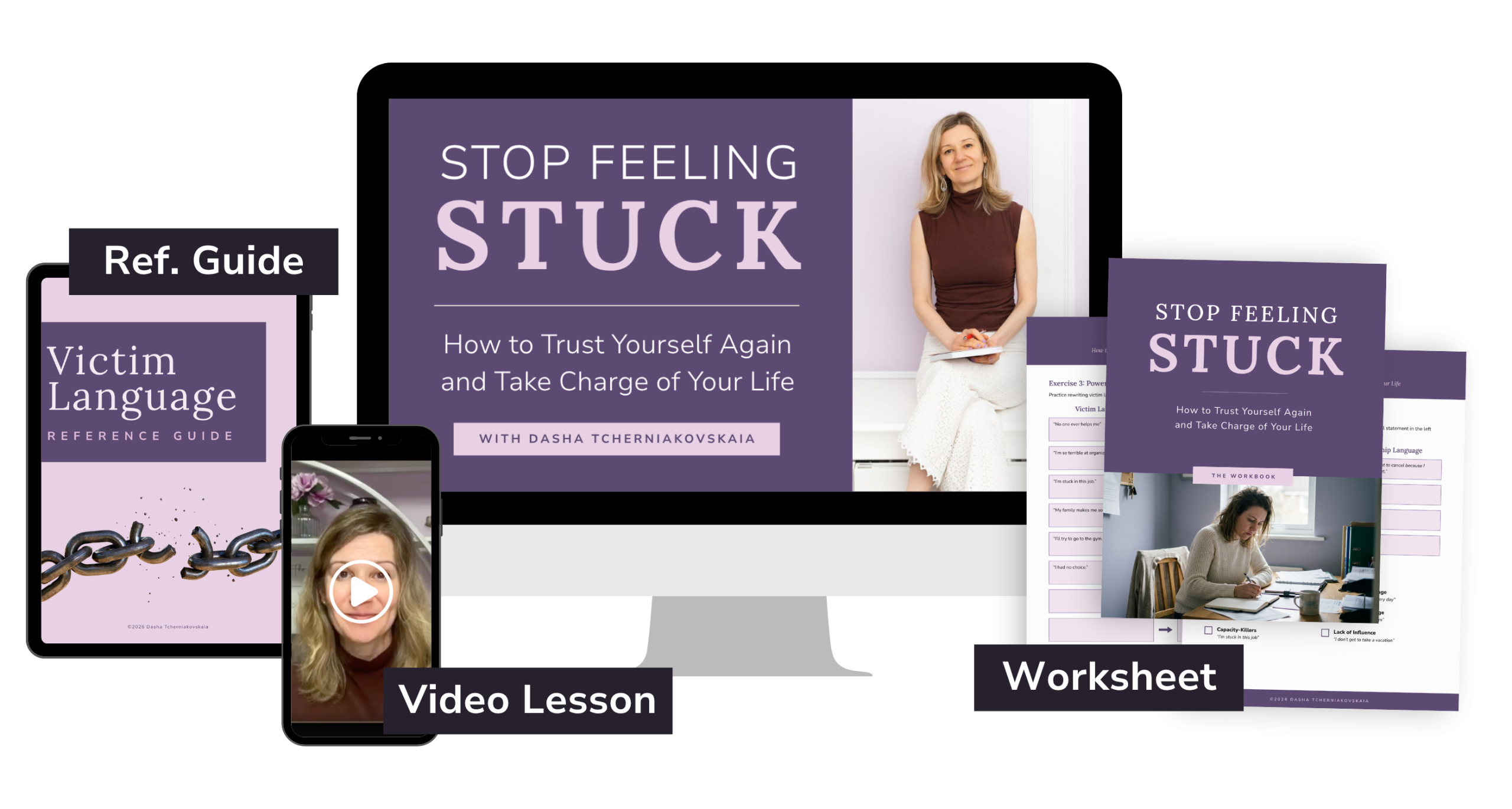 Stop Feeling Stuck shown on desktop, phone video and worksheet mockups.