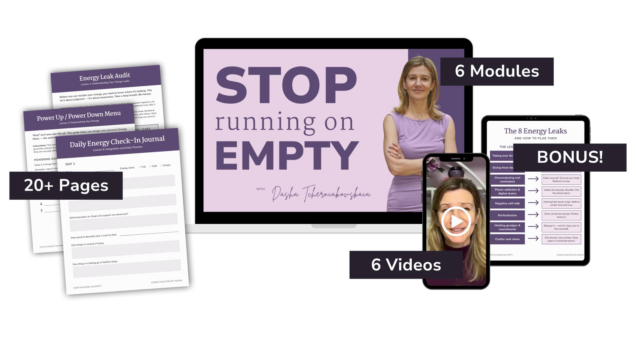 Stop Running on Empty shown on desktop, tablet, phone and worksheet mockups.
