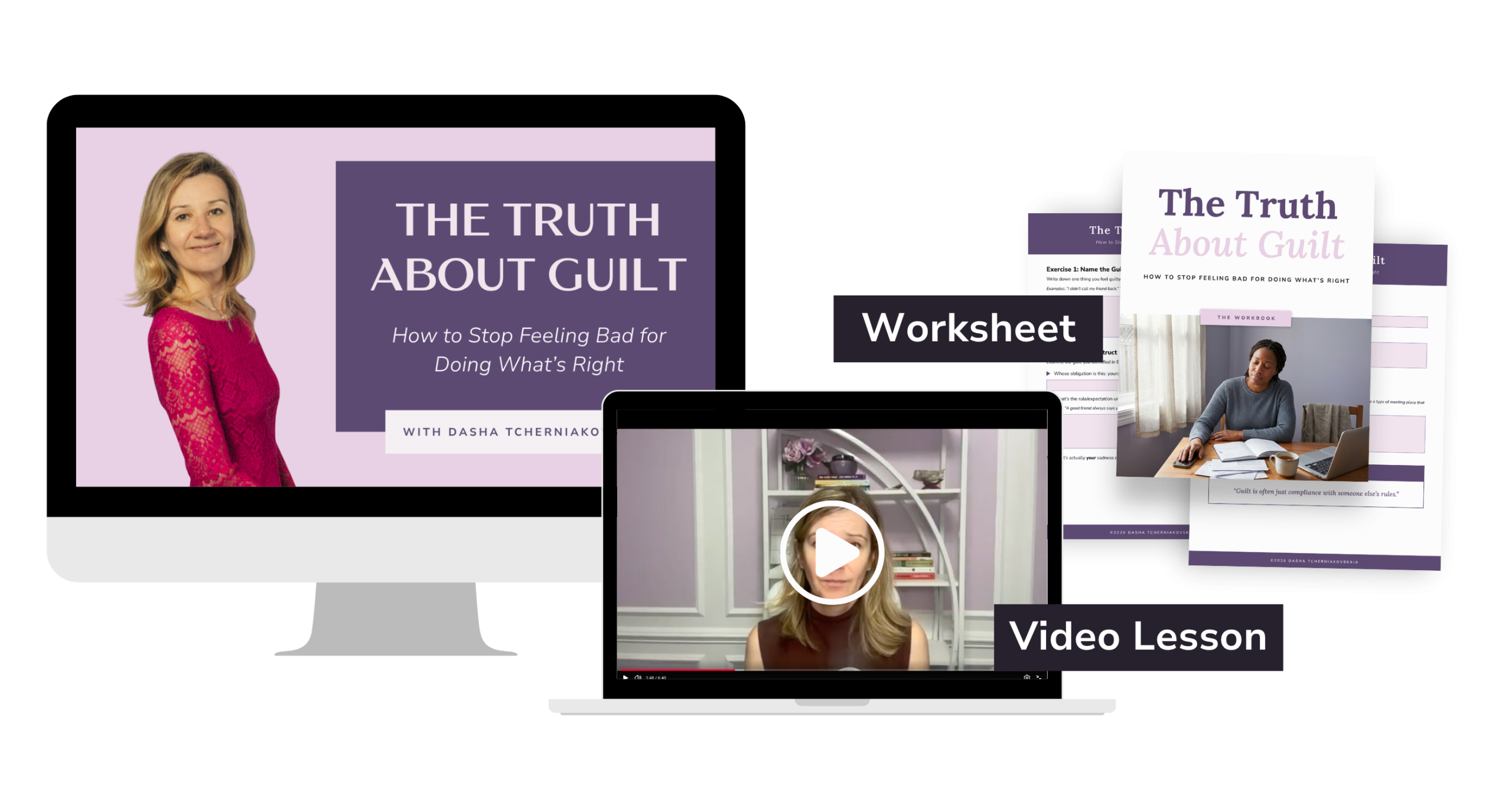 The Truth About Guilt course shown on desktop, laptop and worksheet mockups.