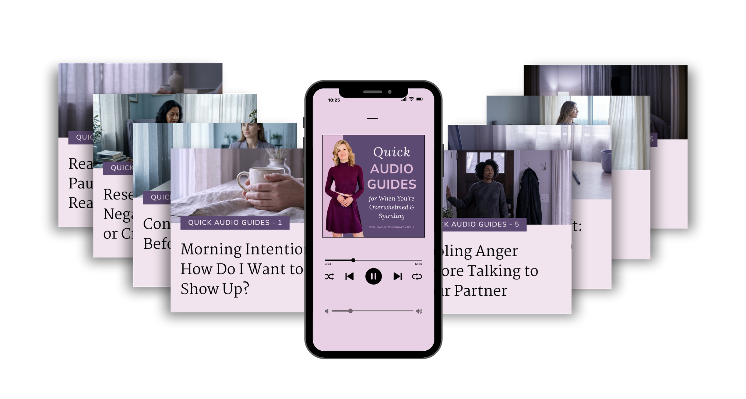 Quick Audio Guides shown on a phone with a playlist of tracks.